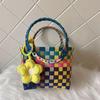 Women's Woven Summer Beach Tote: Simple Plastic Handbag, Small Square Design for Shopping and Kids.
