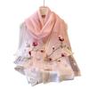 Nueva Bufanda de Primavera de Seda y Lana para Mujer Magnolia Belleza Versátil Chal Retro Suave Bufanda de Gasa Floral Bordada