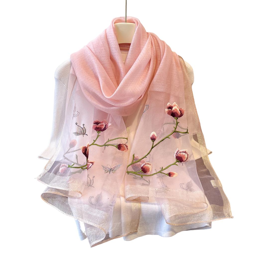 Nueva Bufanda de Primavera de Seda y Lana para Mujer Magnolia Belleza Versátil Chal Retro Suave Bufanda de Gasa Floral Bordada