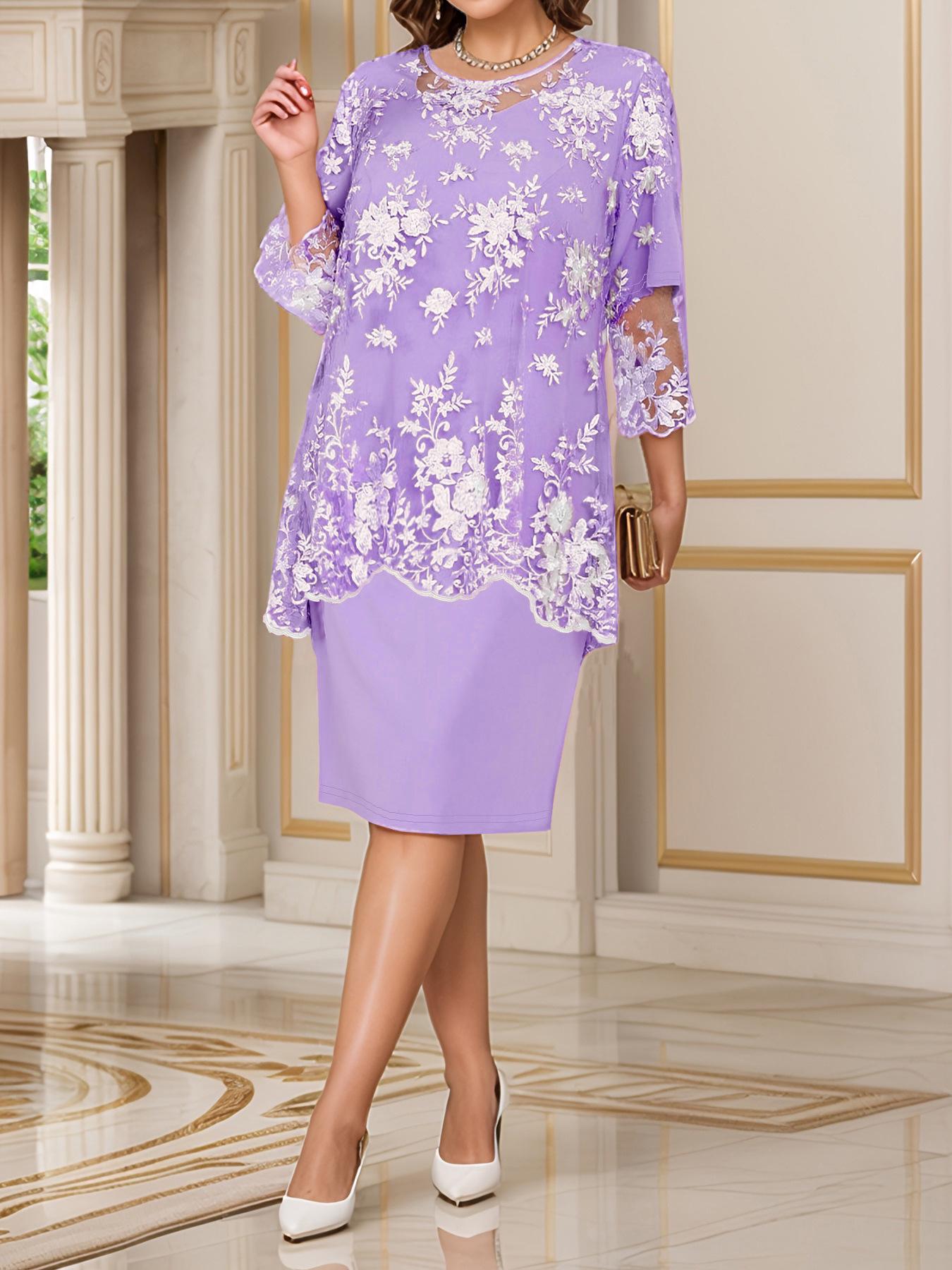 Elegantes Europäisches & Amerikanisches Damen-Spitzen-Abendkleid Frühjahr/Sommer 2025 - Gefälschtes Zweiteiler-Kleid 4XL Violett