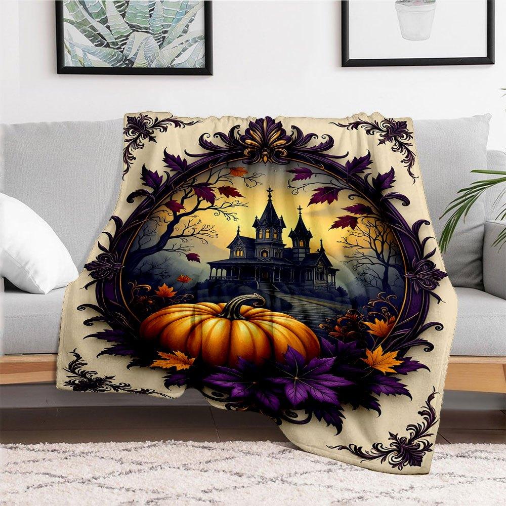 Halloween Haunted House with Pumpkin and LeavesBlanket Flannel Throw Blanket for Sofa, Bed, Travel, Camping, Office, Couch, Chair