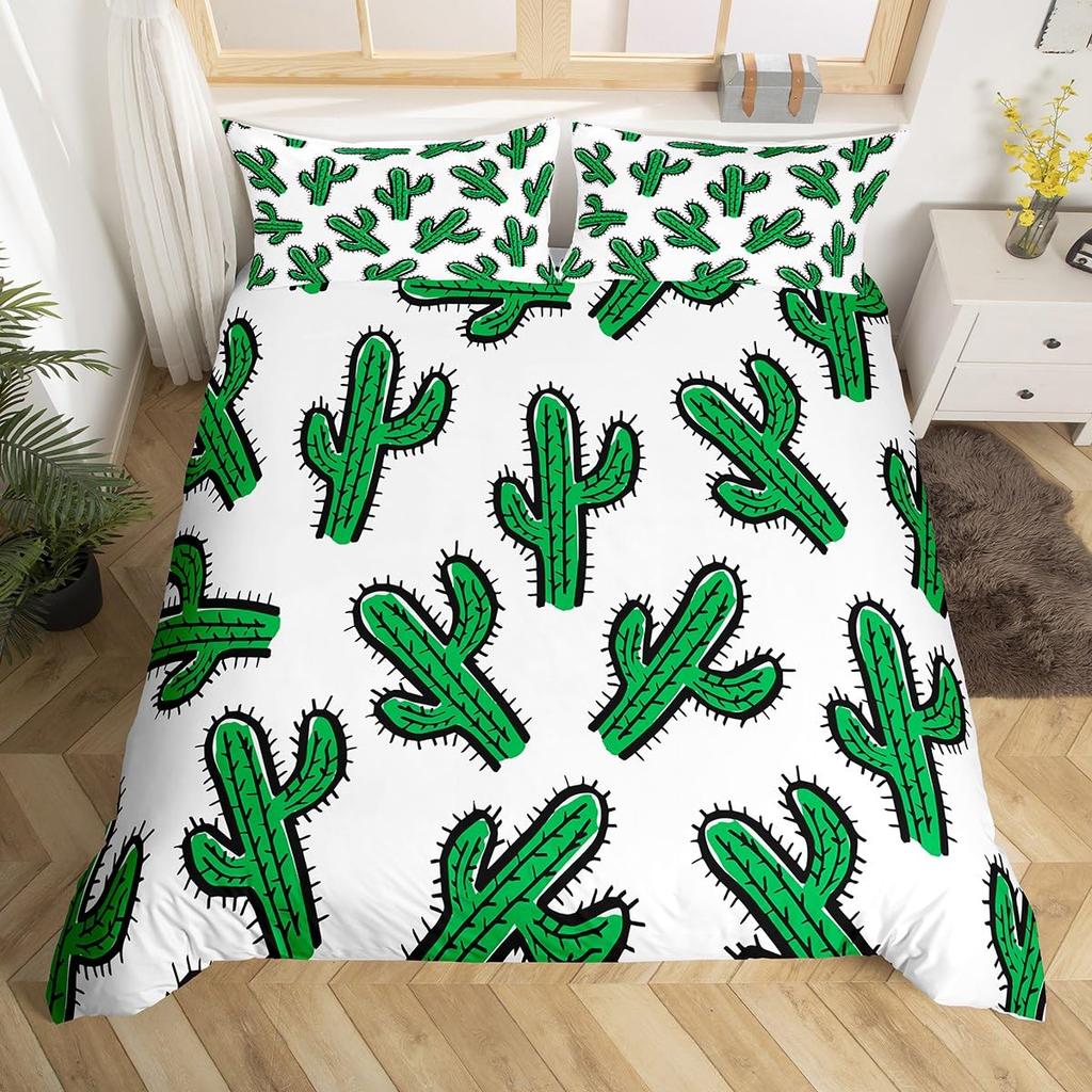 Floral Bedding Set 3pcs Cactus Succulents and Flowers Decor Comforter Cover Plant Soft Polyester Quilt Cover with 2 Pillow Cases
