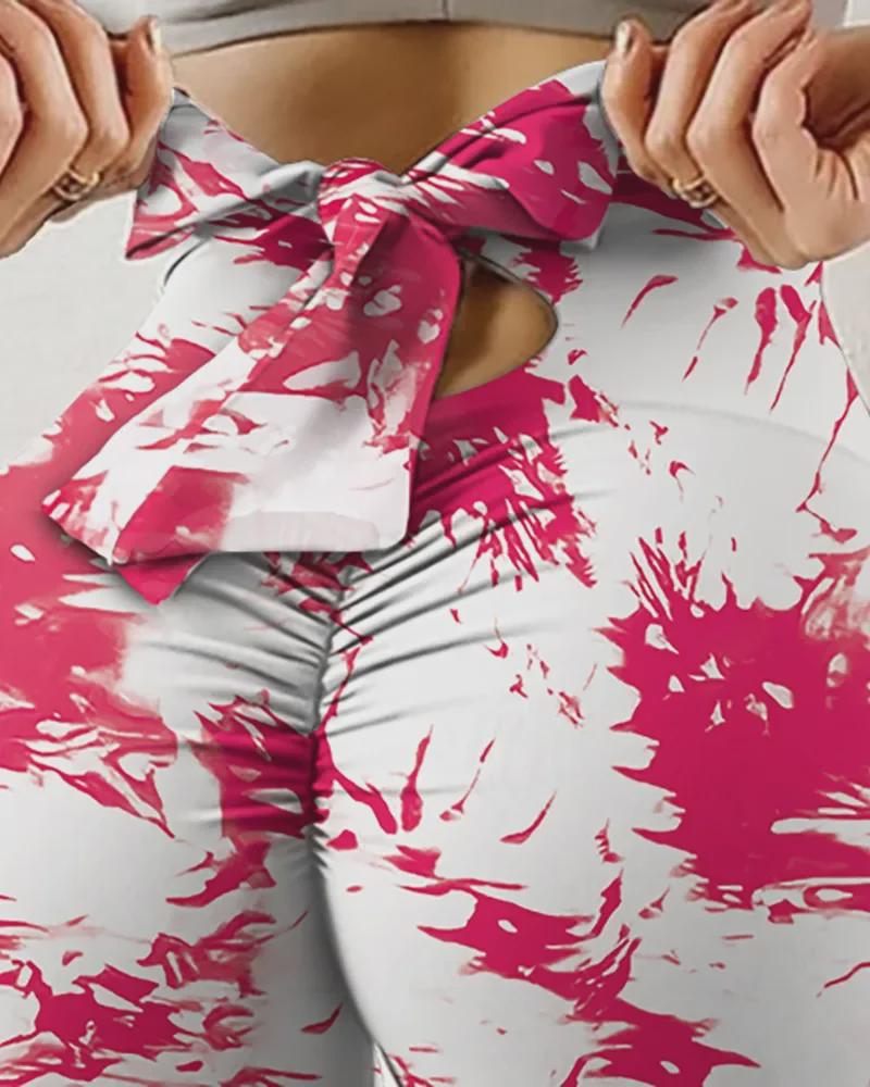 Damskie legginsy do jogi z wysokim stanem: Elastyczna, pochłaniająca pot, z nadrukiem cyfrowym, z detalami w postaci kokardki