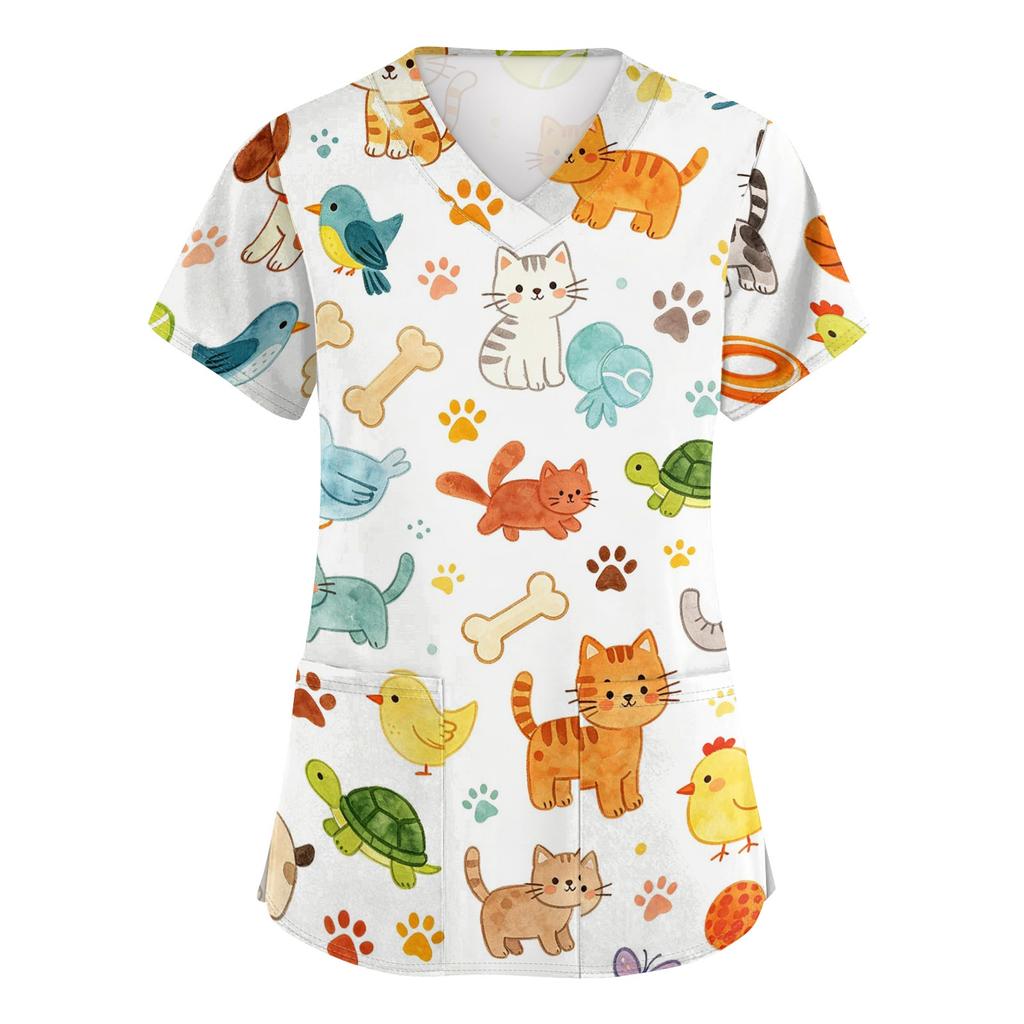 Women V Neck Short Sleeve Work Shirt with Pockets Animal Print Top for Healthcare Professionals Nurses Veterinary Staff