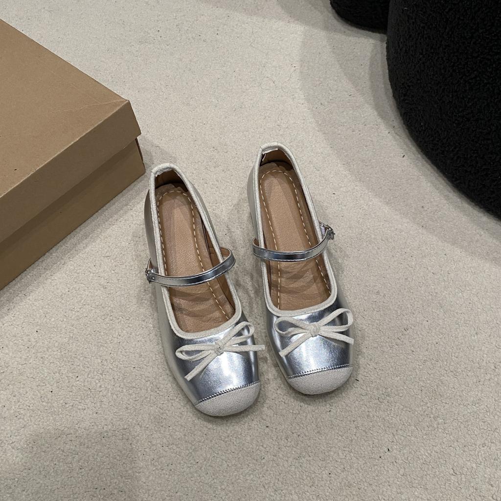 2025 New Mary Jane Shoes French Spring and Summer Light Mouth Skirt Wind Ballet Round Head Silver Year Flat Single Shoes Women