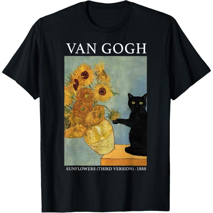 Van Gogh Black Cat With Sunflowers Funny Cat T-Shirt for Men Women S