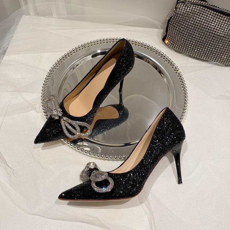 Fashion 2025 New Women'S High Heels Designed To Feel Rhinestone Skinny With Pointy Sequin Crystal Bridal Wedding Shoes Banquet
