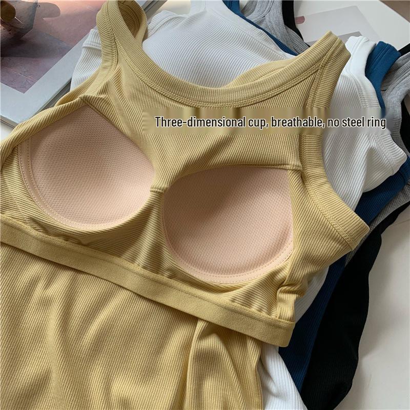 Women's Korean Threaded Camisole with Chest Pads - Integrated Cup, Solid Color Summer Top