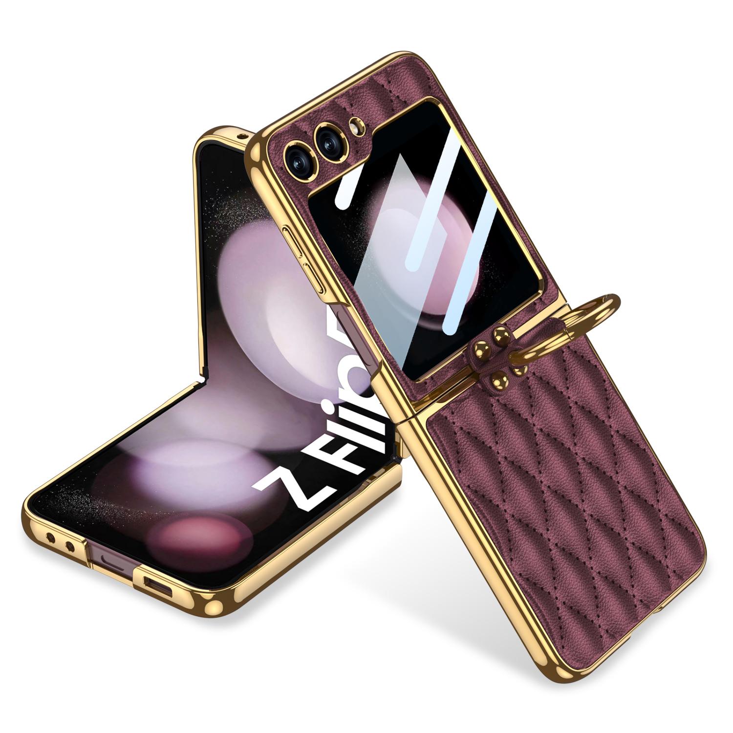 

GKK Для Samsung Galaxy Z Flip5 5G Ромбічний візерунок Твердий PC+PU Чохол для телефону Металеве кільце Підставка Чохол із плівкою для маленького екрана Wine Red