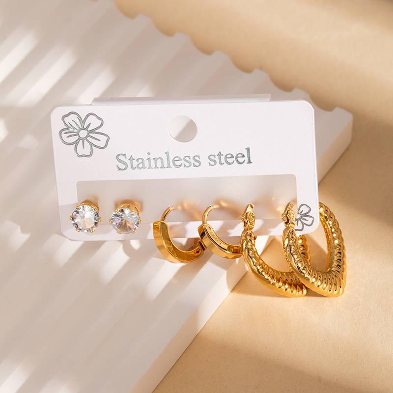 European & American Geometric Titanium Steel Earring Set: Women's Light Luxury 3-Piece Stainless Steel Versatile Earrings
