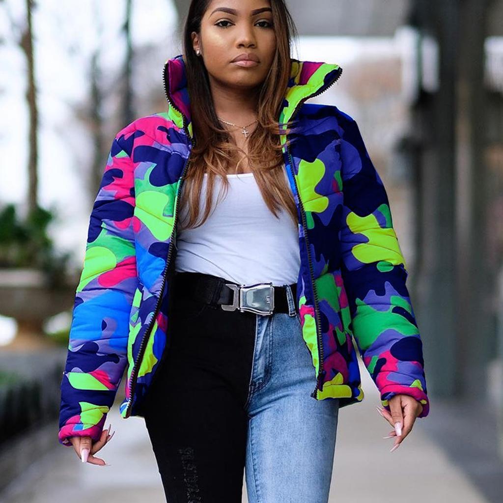 Unisex Long Sleeve Glossy Camouflage Bread Down Jacket Zipper Pockets Coat