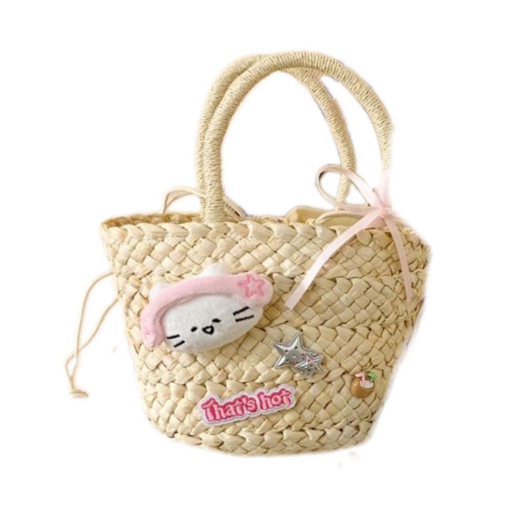 Cute Earphones Cat Stars Kitty Cat Decoration Women Casual Straw Woven Handbag For Daily Use Women