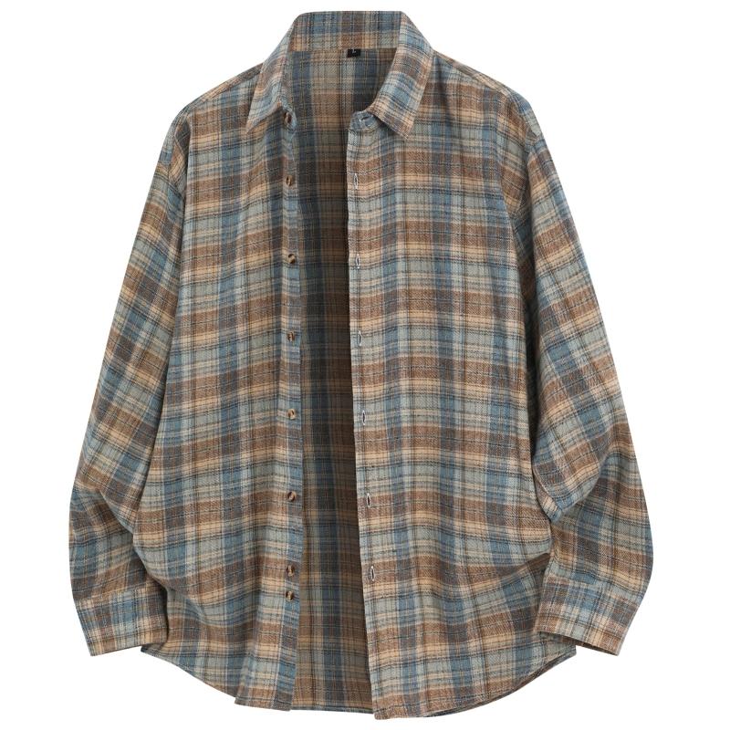Herrskjortor Klassisk Rutig Vardaglig Knäppning Camisas Streetwear Vintage Man Långärmad Lös Vardaglig Överdimensionerad Cargo-skjorta