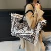 Bolsa de praia de lona com borla feita à mão para mulher, nova bolsa tote estampada, bolsa de ombro de grande capacidade