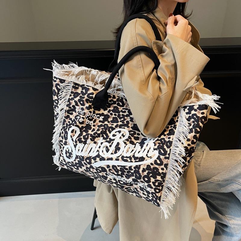 Bolsa de praia de lona com borla feita à mão para mulher, nova bolsa tote estampada, bolsa de ombro de grande capacidade
