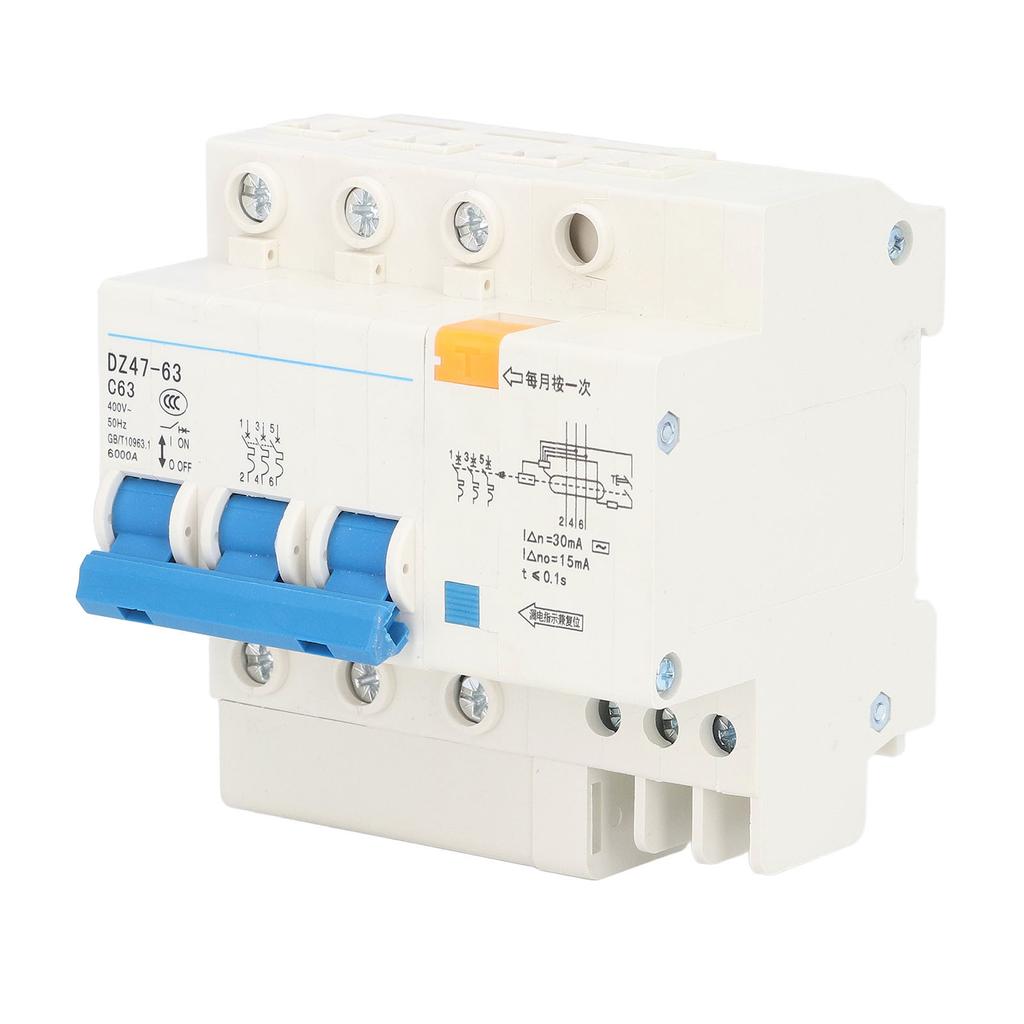3P+N Miniature Circuit Breaker Ground Fault Leakage Overload Protection Switch 400V 63A