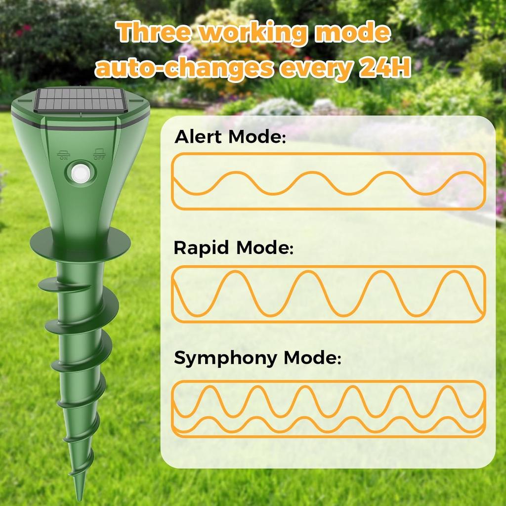 Mole Repellent Solar Powered, 2024 Upgrade IPX7 Waterproof Gopher Vole Repellent for Lawn Garden Yard, Repellent Rat, Squirrel, Skunk, Mole, 4 Pack