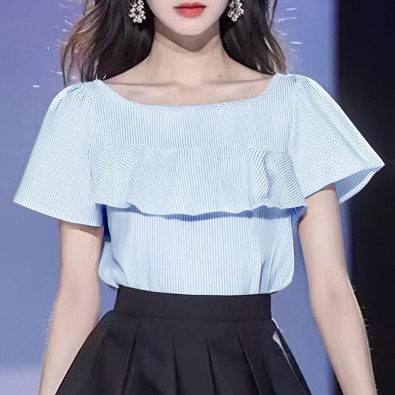 ZANZEA Women Casual Round Neck Short Sleeve Stripe Ruffles Blouse