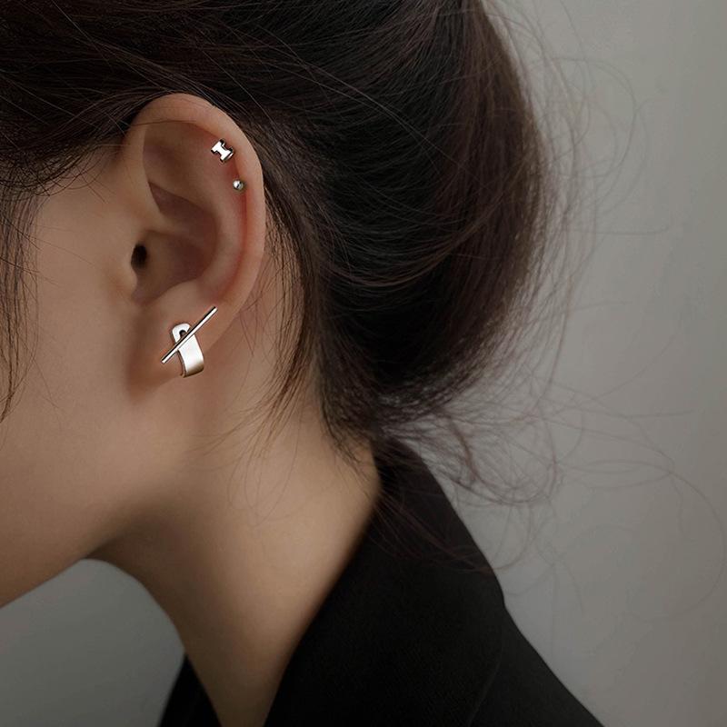925 Silver Geometry Studs Earring for Women Splicing Korean Hip Hop Versatile Jewelry Gift