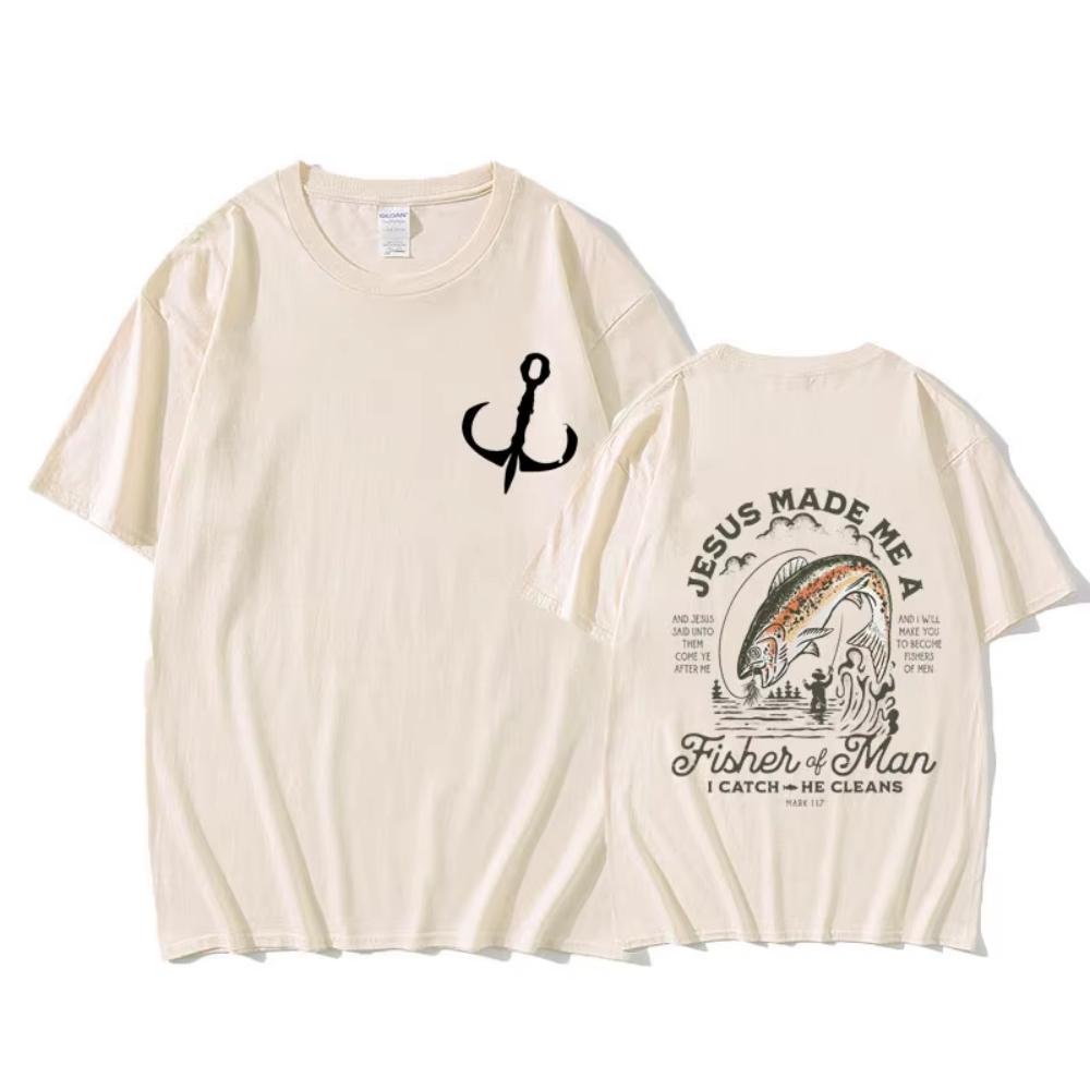 Christian Jesus Made Me A Fisher of Man Catch He Cleans Printed T-shirt Man's Casual Oversized T Shirts Tees