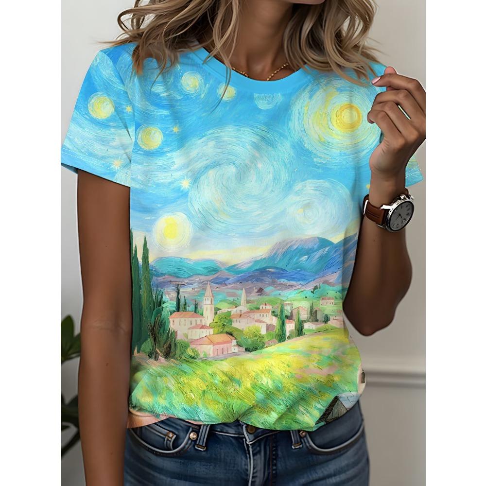 Women s Van Gogh Starry Night Landscape Printed Short sleeved T-shirt 2XS
