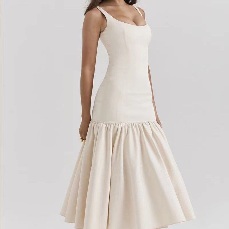 Pleated Slim Fit Dress Summer New Arrival Women's round Neck Sleeveless Pure Color Pleating Silm Dress