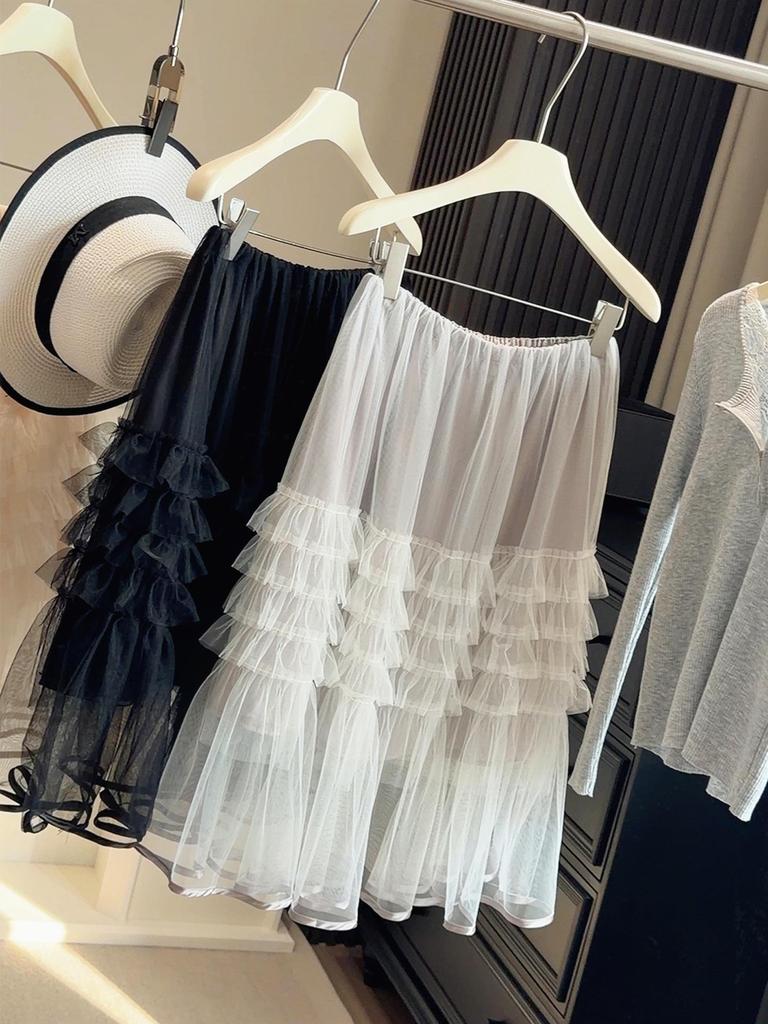 Spring/Summer 2026 Women's Korean Style Layered Ruffle Patchwork Midi Skirt