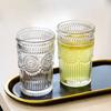 12oz 4pcs Sets Glass Cups Embossed Design Coffee Cup Heat Resistant Retro Transparent Tea Cup Set Glasses Household Drinkware