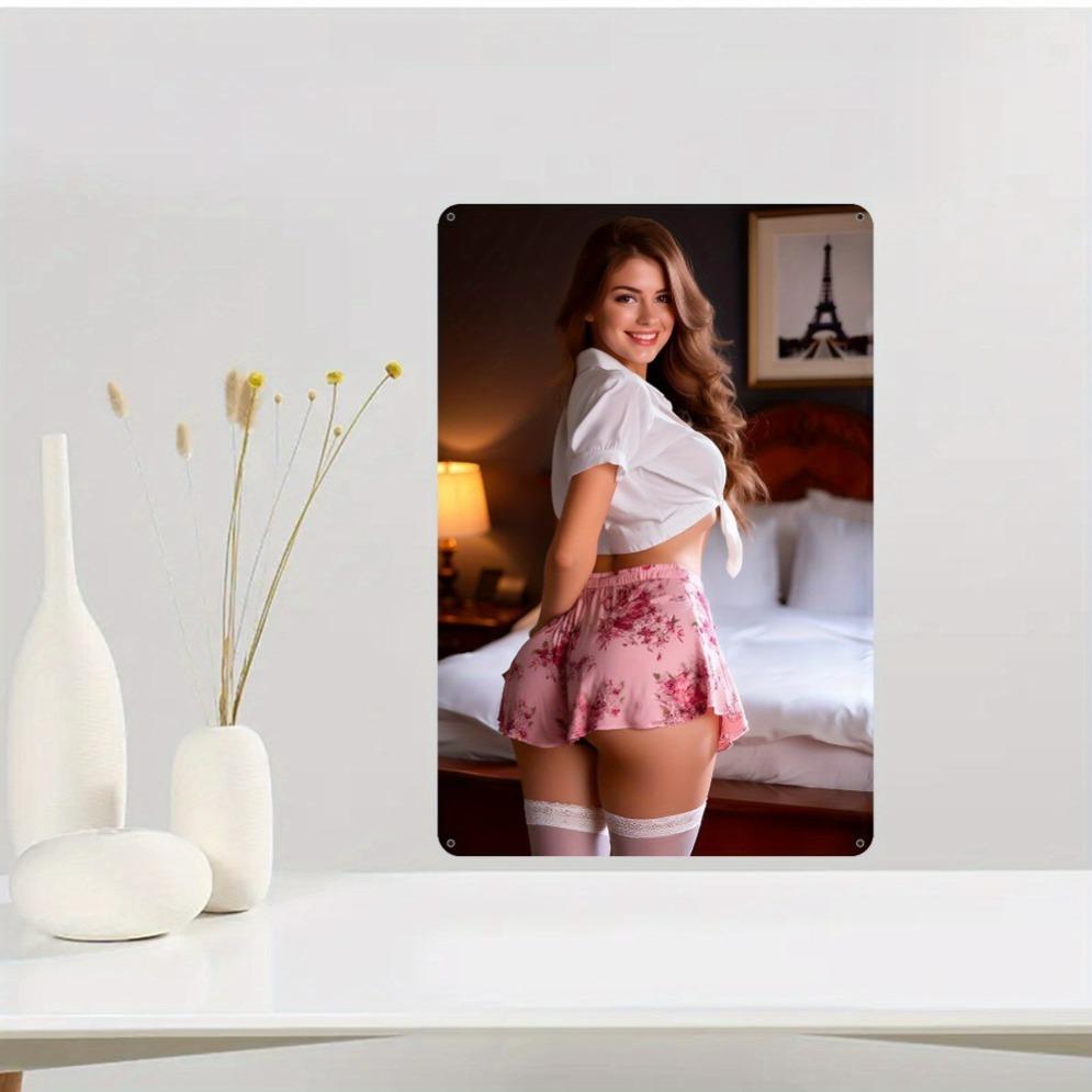 1pc 2d Vintage Metal Wall Art Retro Sign Pink Dress Design Heat Resistant Easy Install