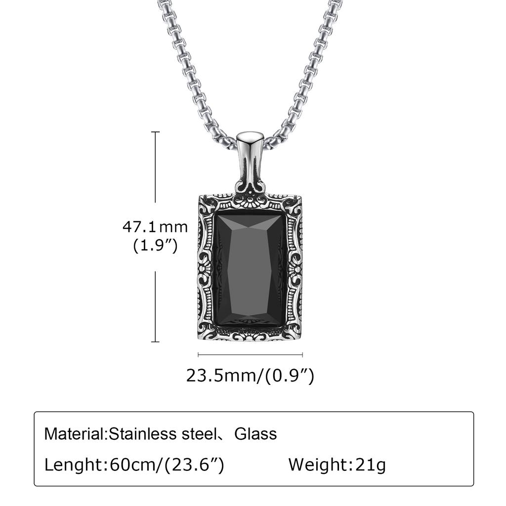 Square Black Stone Necklaces for Men, Retro Stainless Steel Minimalist Geometric Pendant Collar for Men Boys, with Box Chain