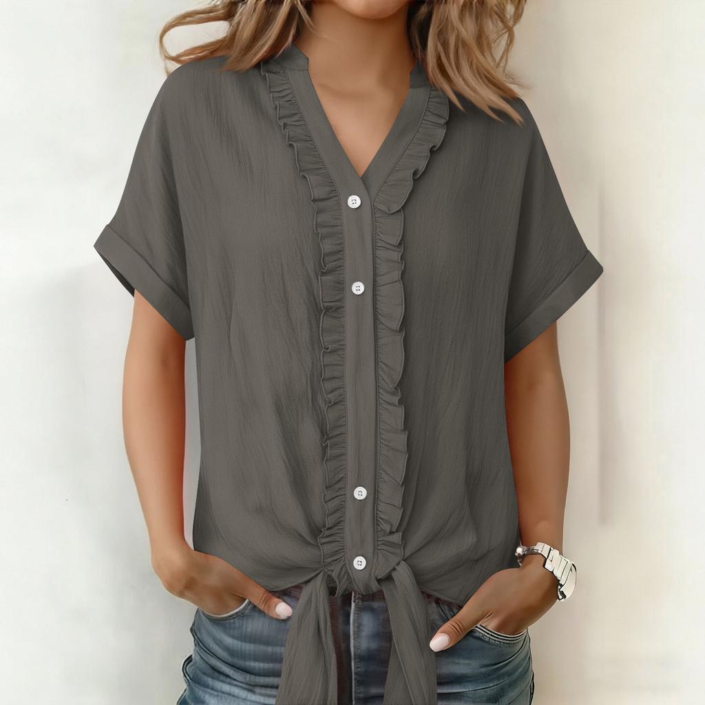 Solid Color Cotton and Linen Casual Fungus Edge Short-sleeved Button-up Shirt for Women