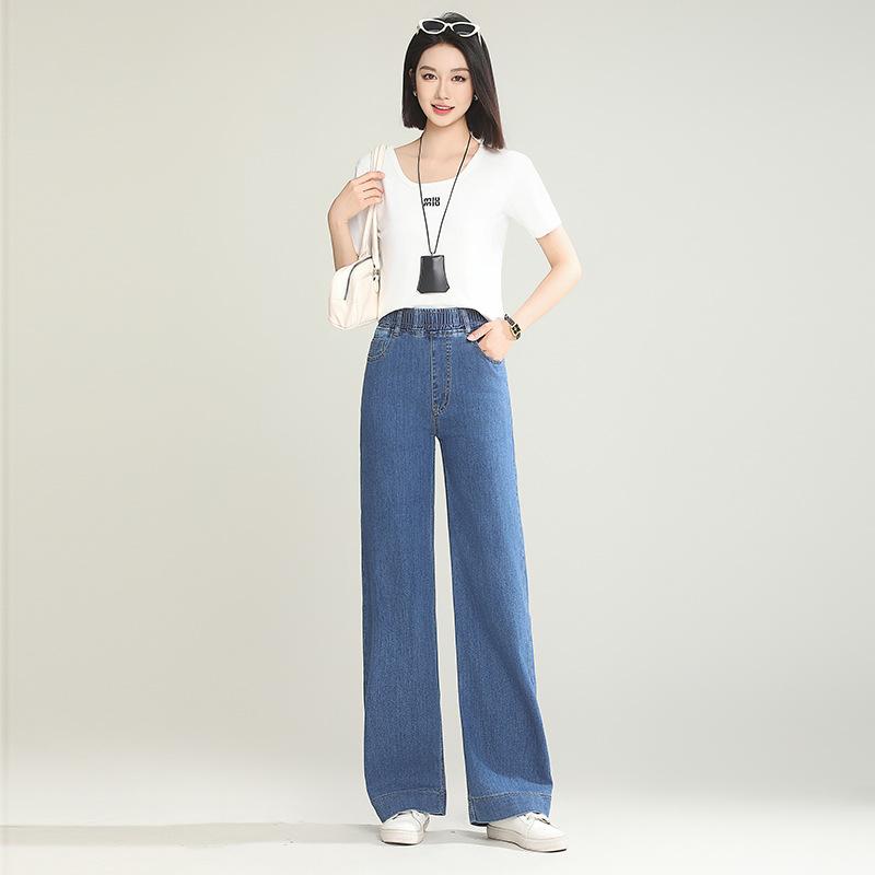 

Джинсы с высокой талией и широкими штанинами, женские летние темно-синие свободные облегающие брюки длиной до пола с драпировкой 34 светло-синий