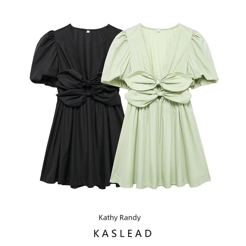 Kaslead New Arrival Women's Clothing Fashion Style Fashion Casual Bows Decorative Elastic Waist Dress