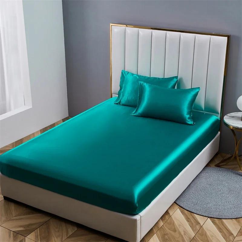 High-end Satin Queen Fitted Sheet Silky King Size Bed Sheet with Elastic Band Bedsheet Mattress Protector Cover No Pillowcase