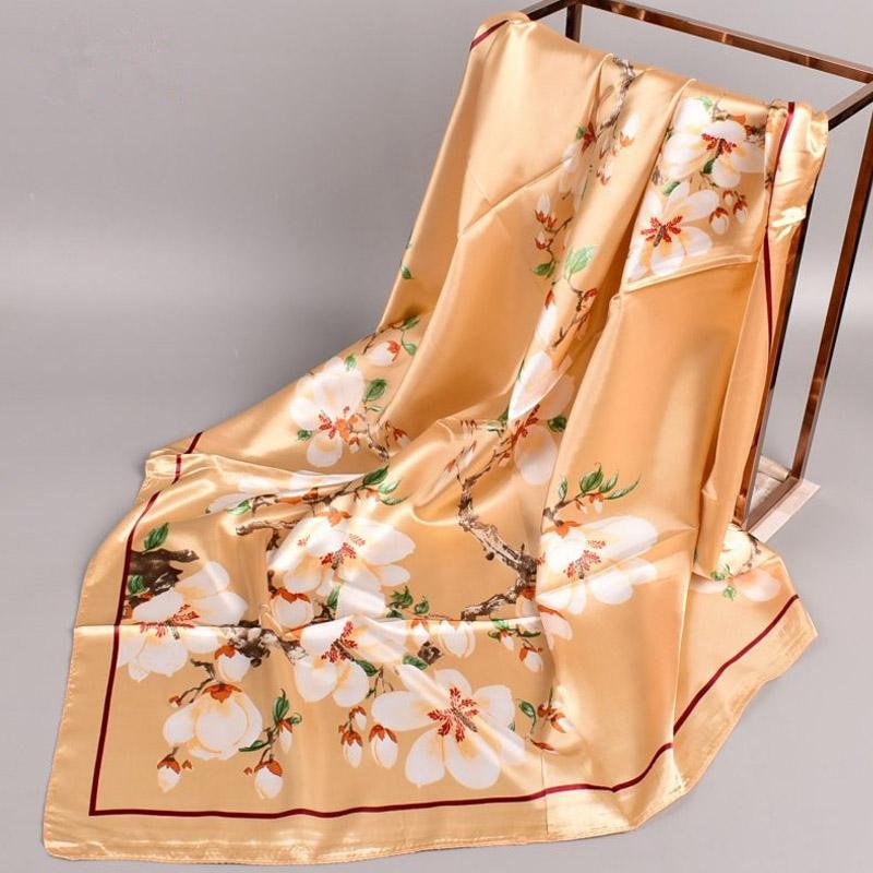 Head Scarf Women Luxury  Square 90*90Cm Silk Foulard Satin Bandana Cheveux Soft Neckerchief Hijab Hair Scarves Ladies