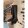 Cowhide Version of Simple Round Head Low Heel Side Zipper Fashion High Long Knight Boots Women's New Autumn and Winter Models