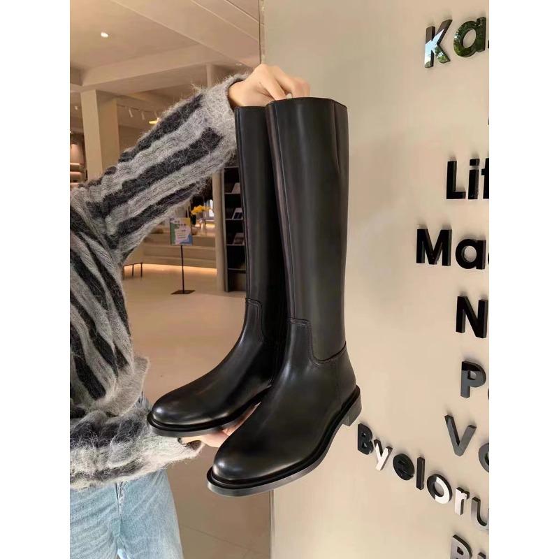 Cowhide Version of Simple Round Head Low Heel Side Zipper Fashion High Long Knight Boots Women's New Autumn and Winter Models