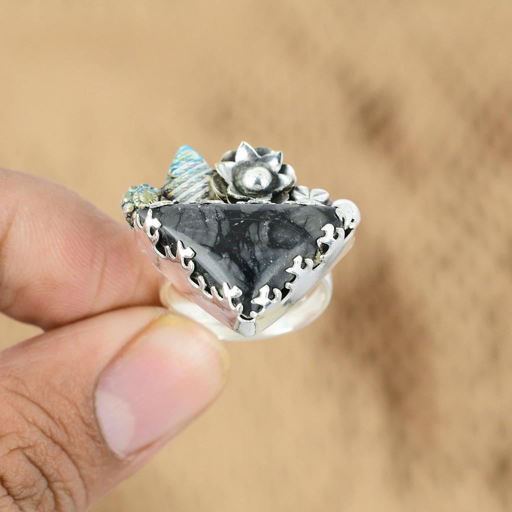 Trillion Picasso Jasper Gemstone Flower Statement Sister Wedding Ring 925 Silver