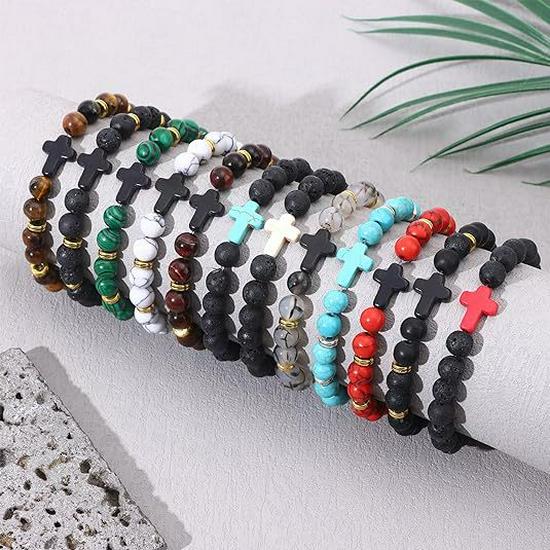 Temu Volcanic Rock & Turquoise Tiger's Eye Gemstone Elastic Bracelet