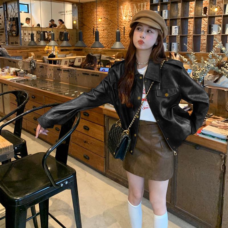 

Модна жіноча коротка куртка з ПУ шкіри американського стилю вільного крою осіння весняна верхній одяг S чорний