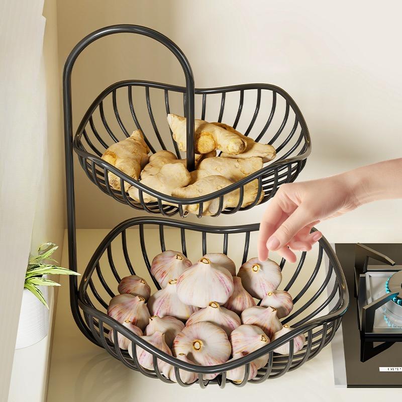 2-Tier Countertop Fruit Basket & Vegetable Storage Organizer | Metal Wire Kitchen Produce Stand for Garlic, Onions & Snacks
