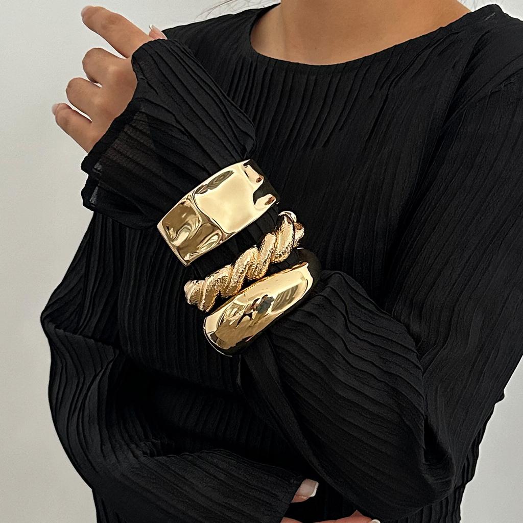 Gold Color Hip Hop Metal Irregular Spring Bangles Punk Wide Cuff Geometric Bracelets Couple Women Men Emo Party Jewelry