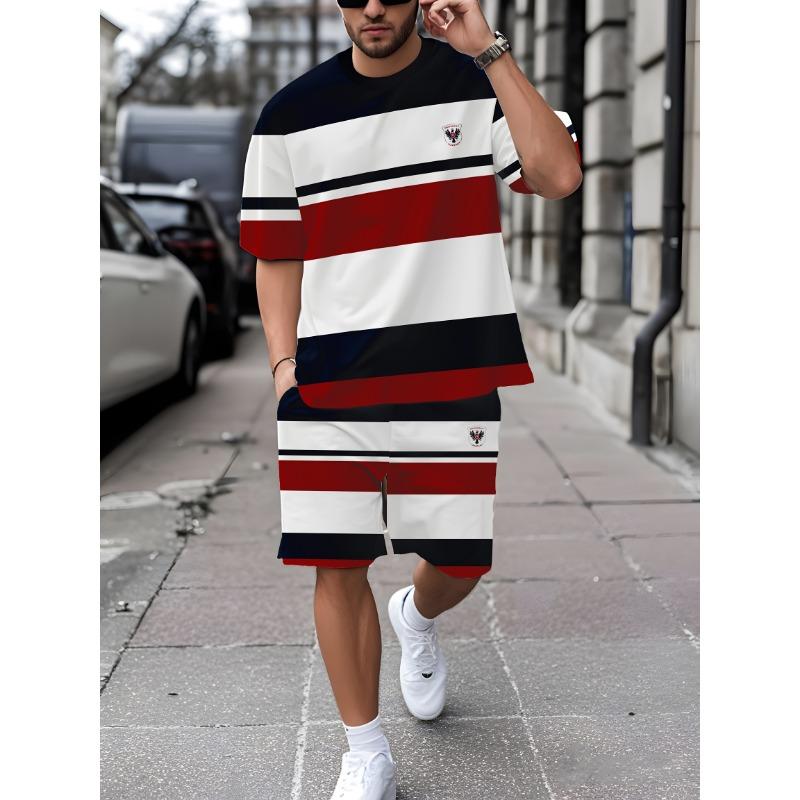Летний новый мужской костюм - это повседневный и модный полосатый мужской костюм из удобного и мягкого полиэстера с 3D-принтом. S