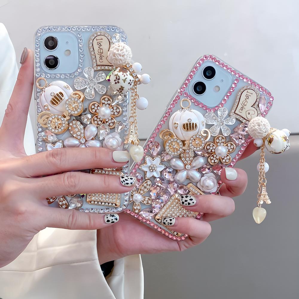 Glitter Rhinestone Phone Case For VIVO Y400 Pro Y300 Y200E Y200 Y300 Y300T Y04 Y03 T4 T3X T4X 4G 5G Bling Crystal Design with Pumpkin Cover Girls Gift
