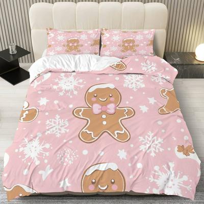3pcs Gingerbread Snowflake Pink Duvet Cover Set - Cute Cartoon Design, Zipper Closure, Machine Washable Polyester, All-Season