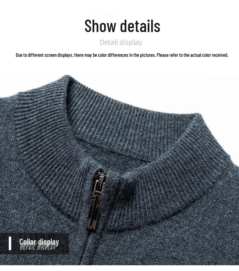 Men's 100% Pure Wool Thickened Knit Cardigan - Zipper Sweater for Autumn & Winter, 600g
