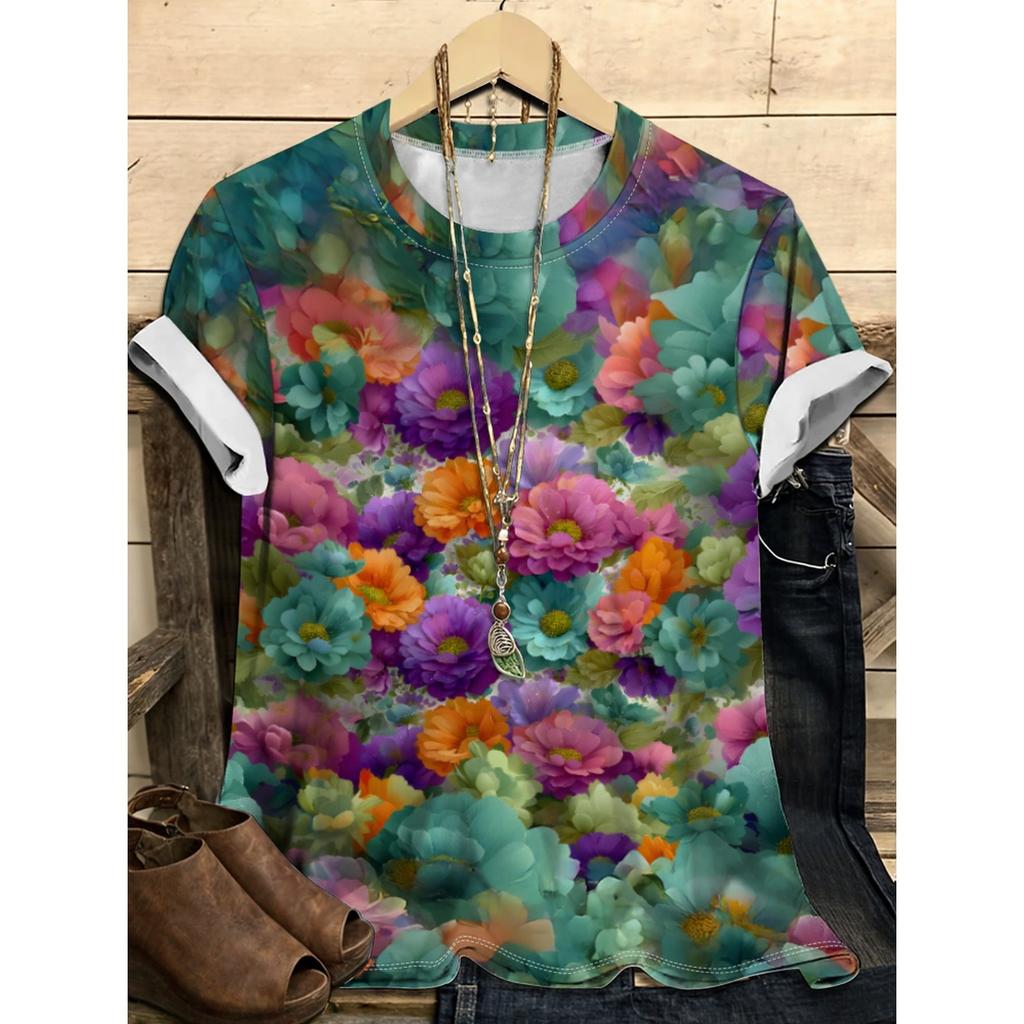 Letní dámské tričko s kulatým výstřihem, květinovým vzorem a 3D potiskem, módní, ležérní, s krátkým rukávem
