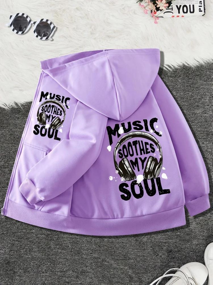 Kids Zip Up Hooded Jacket Headphones Music Soothes My Soul Letter Graphic Long Sleeve Casual Hoodie For Boys Girls Daily Street
