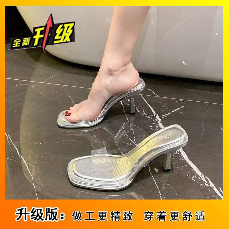

Coarse heel versatile word with slippers French niche design sense transparent sandals 2025 new summer fashion outer wear hair 1 double half size pad