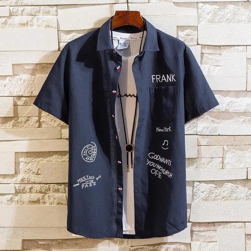 

Новый летний стиль Красивая мужская рубашка с коротким рукавом Гонконгский стиль Красивая корейская мужская куртка Тонкая 4XL темно-синий